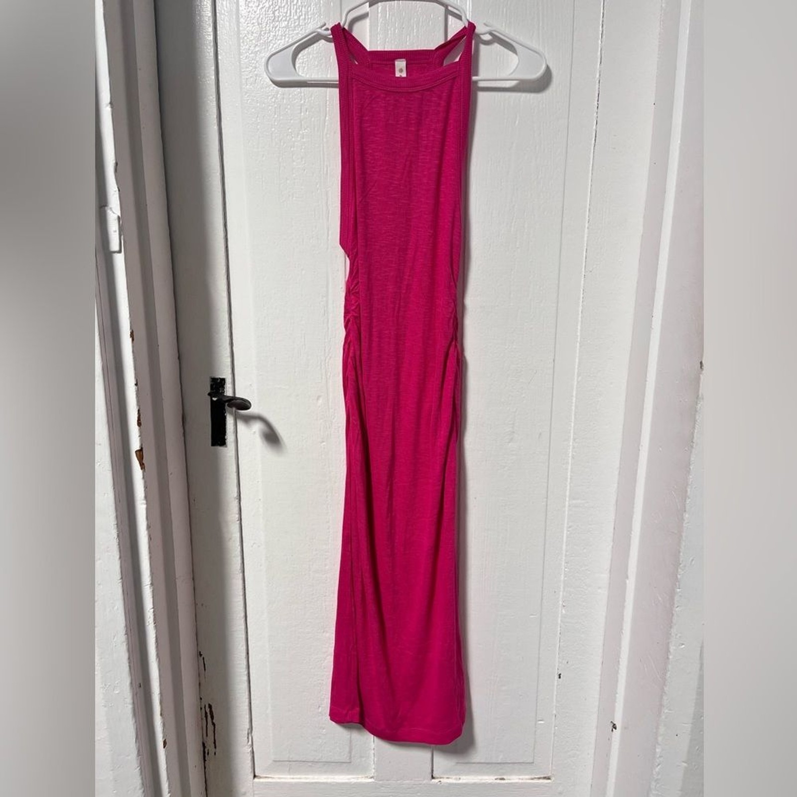 NWT Anthropologie Daily Practice Raspberry Pink Ribbed Ruched side Midi dress xs