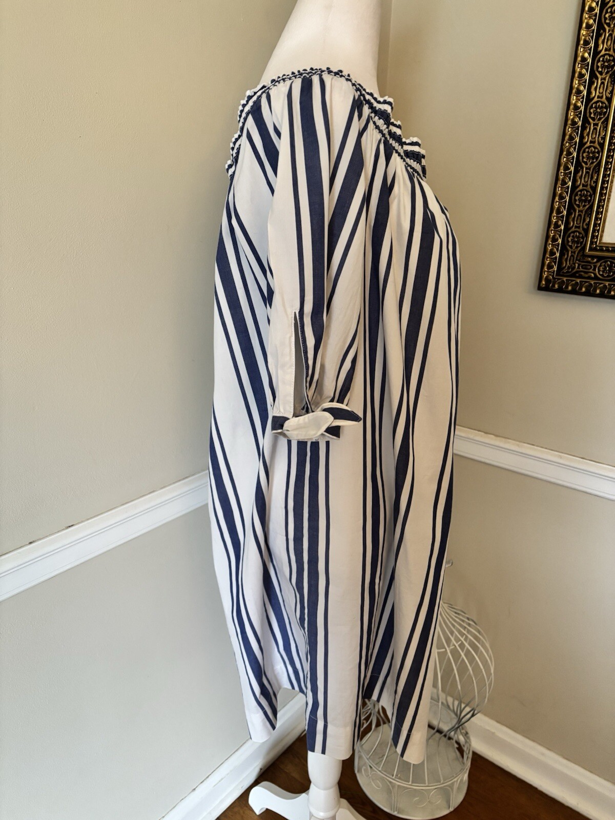 NWT Nautica Womens Size L White Blue Stripe Shift Dress Off Shoulder