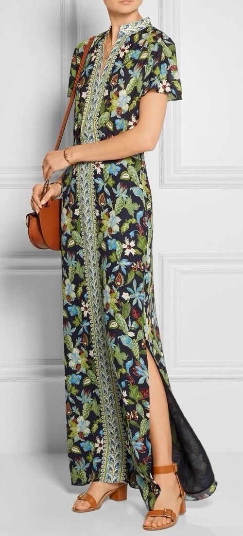 Tory Burch Dress Garden Wisteria Maxi 100% Silk Floral Mandarin Collar Sz 0 XS