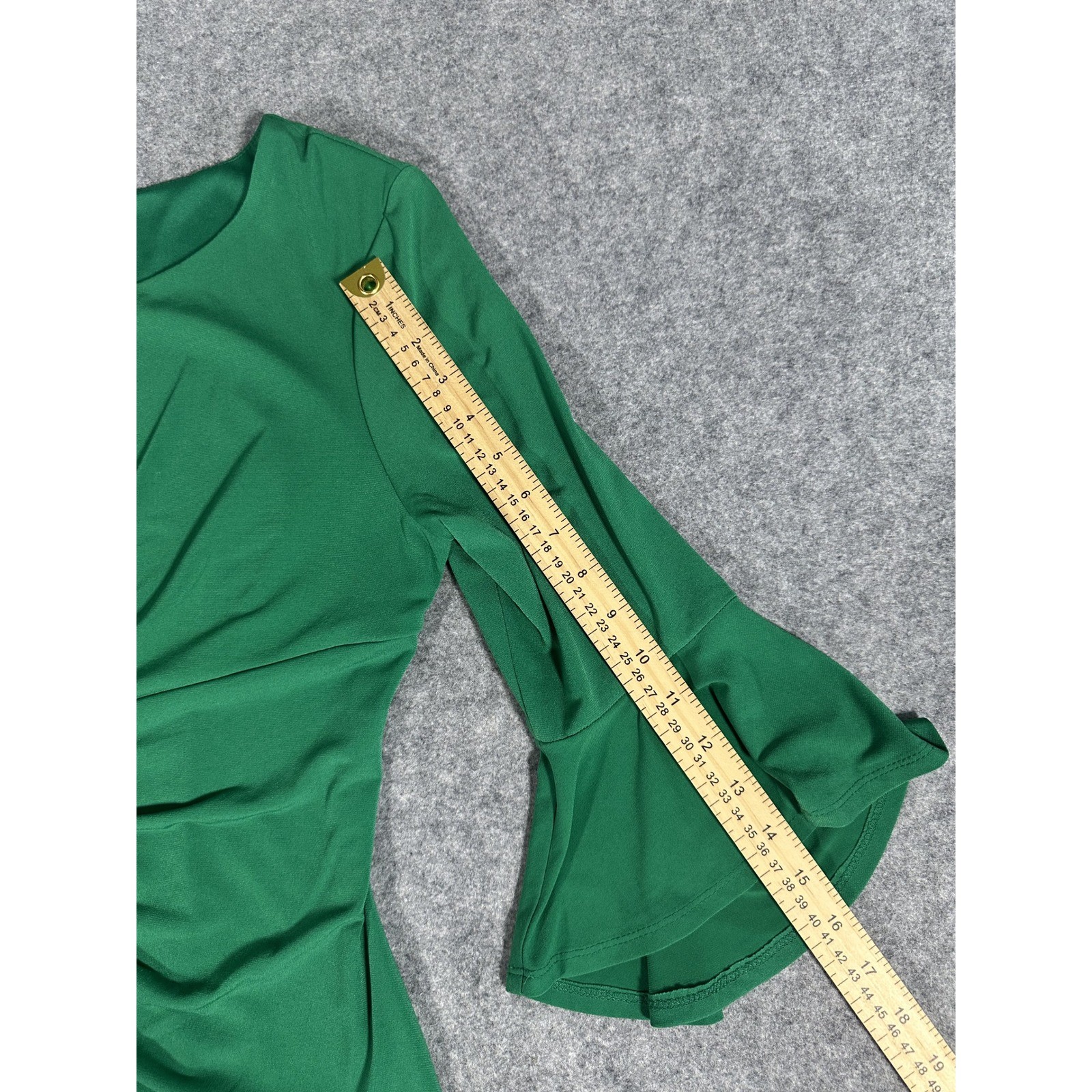 Connected Apparel Faux Wrap Sheath Dress 8 Green Bell Sleeve Gathered Sunburst