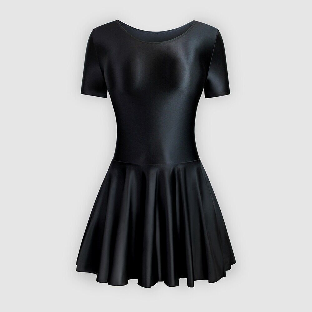 Women’s Glossy Smooth Tights Umbrella Dresses Short Sleeve Fitness Ballet Skirts