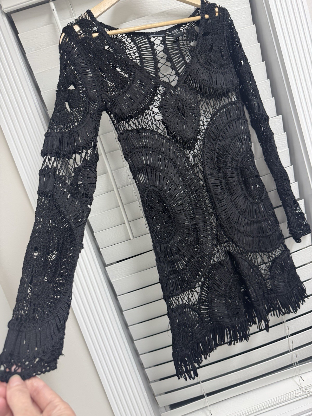 Moda International Black Crochet Mesh Mini Dress Small Boho Hippie Swim Cover Up