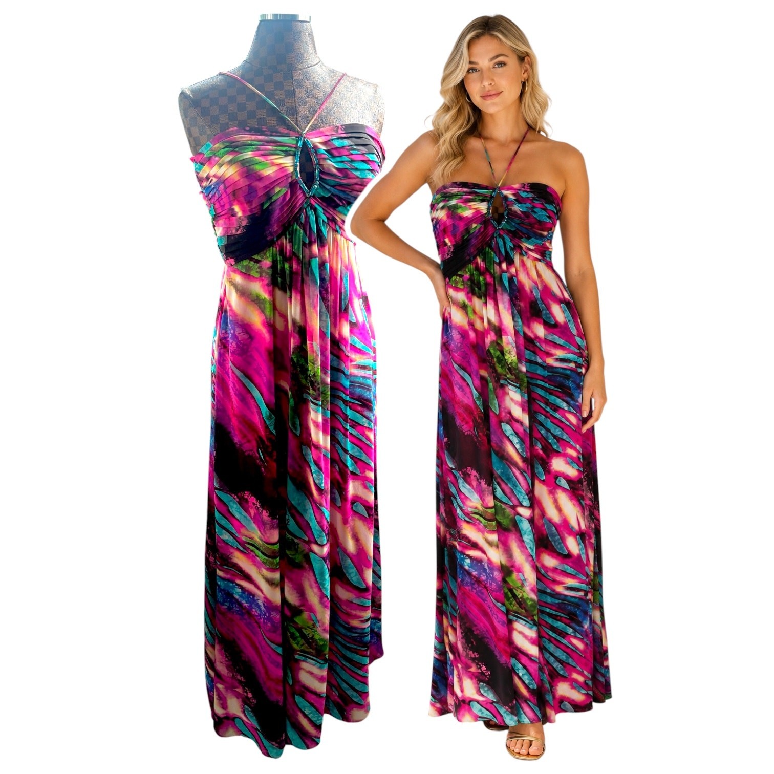 Betsy & Adam Maxi Dress Size 8 Pink Abstract Print Jeweled Empire Waist Formal