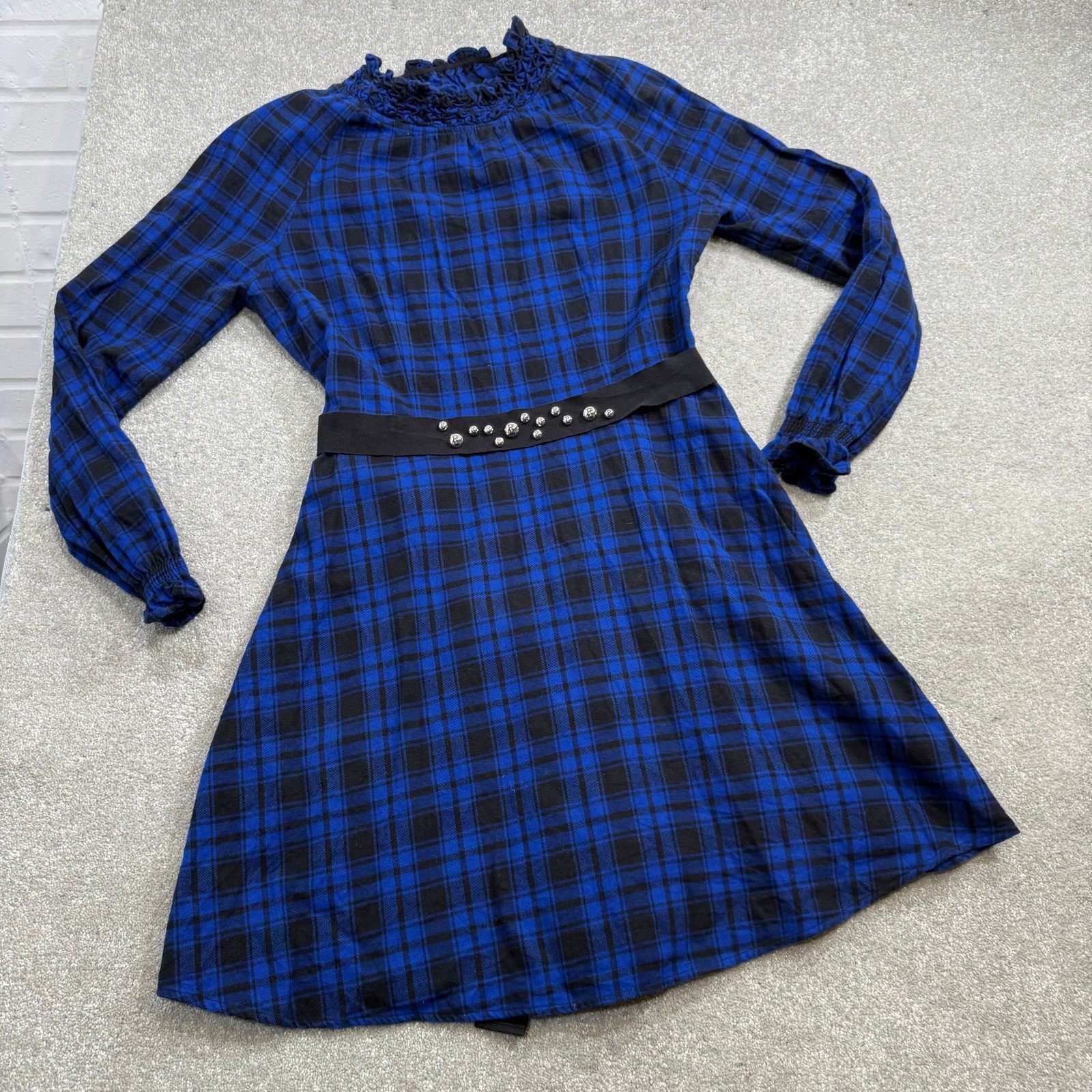 Maje Rivine Plaid A-line Mini Dress Blue Black Check Studded Belt Sz 4 Holiday