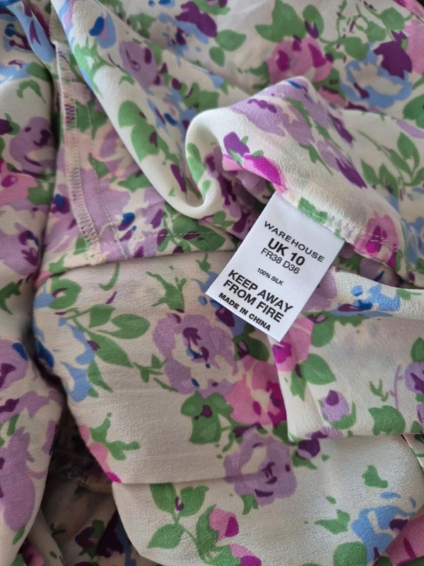 Warehouse Vintage Y2K 100% Silk Cream Purple Floral Tiered Ruffle Dress Size 10