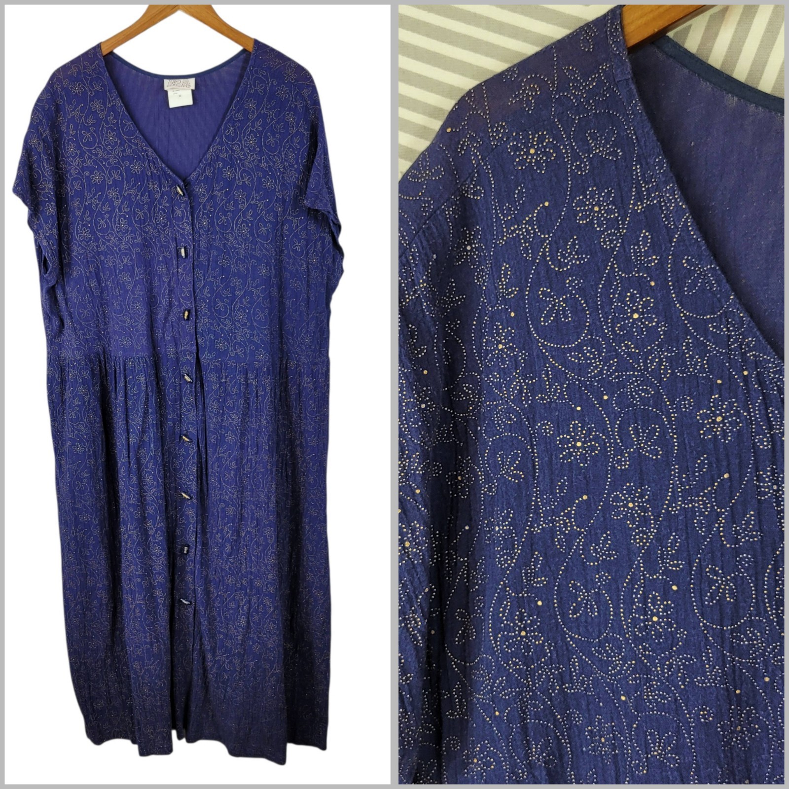 Vintage Shirt Dress Plus 3X Maxi Gauze Lightweight Flowy Button Front Blue Gold