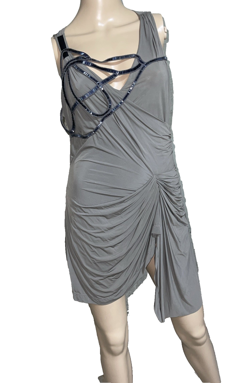 Vera Wang Runway Bead Embroidered Ruched Gray Draped Cocktail Dress EU 42 US 6 8