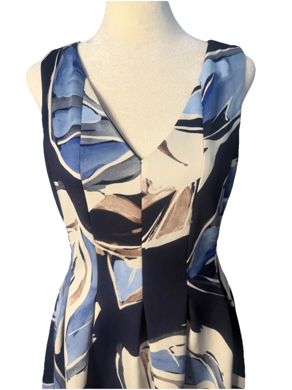Vince Camuto Sleeveless Abstract A-Line Dress Blue Beige White Lined V-Neck 6
