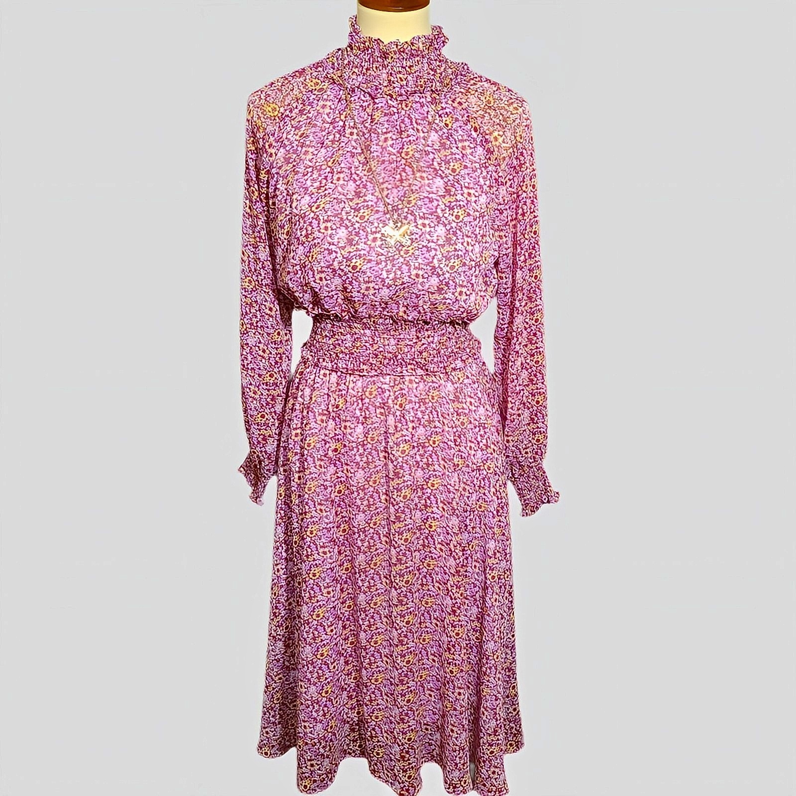 OPT Anthropologie Boho Purple Floral Mock Neck Smocked Long Sleeve Midi Dress S