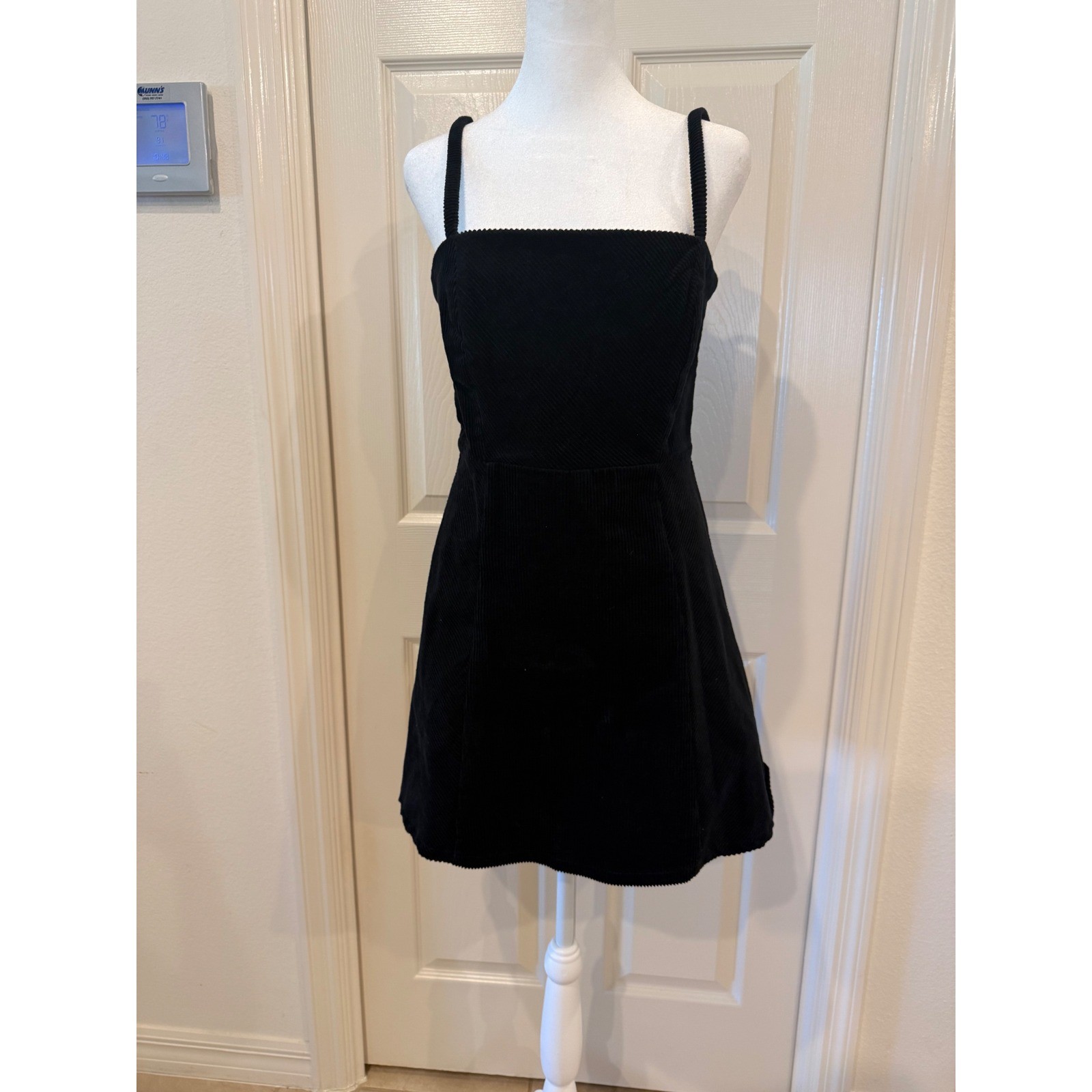 ⁠Forever 21 Black Corduroy Square Neck Sleeveless Overalls Pinafore Dress M⁠