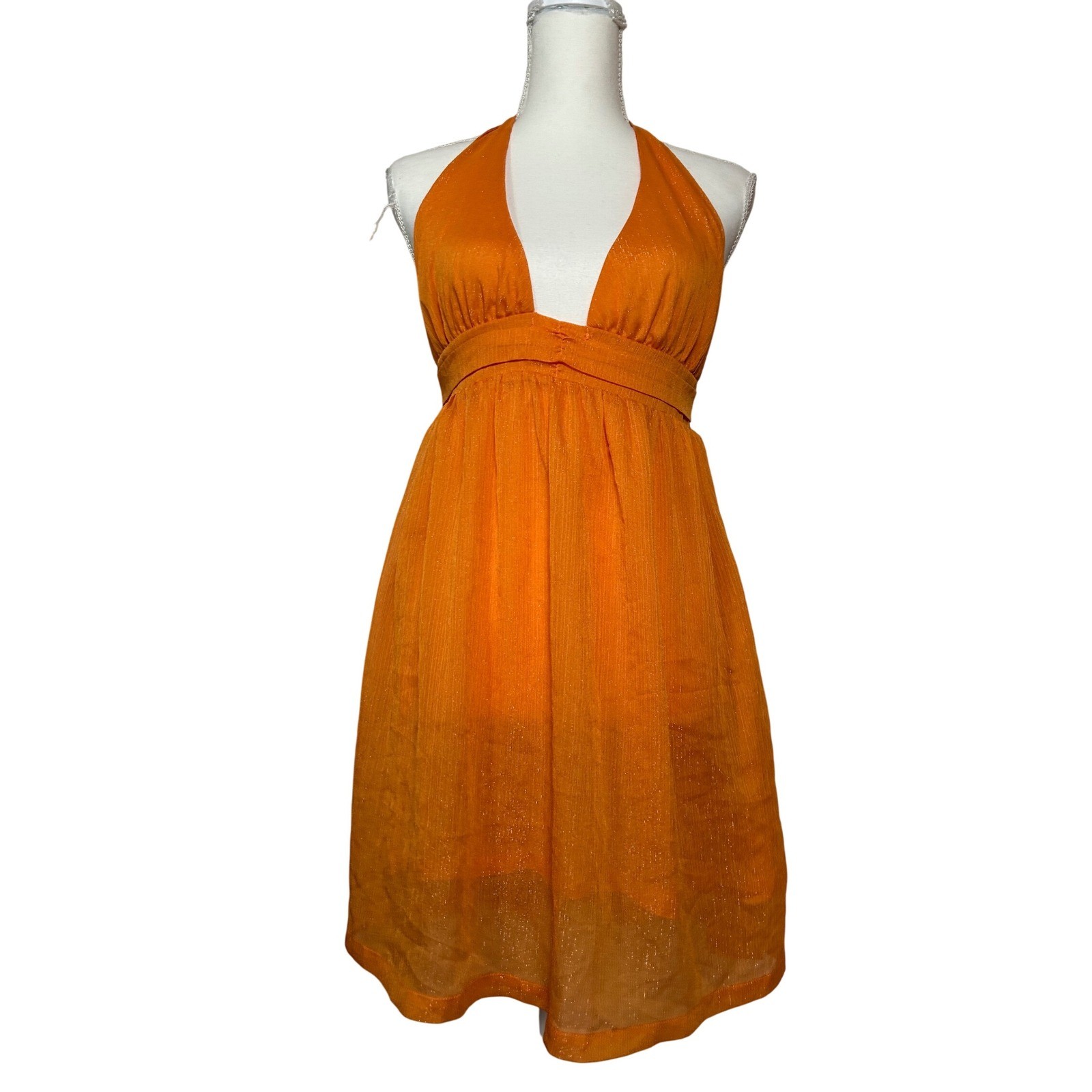 Kurt Geiger London Orange Sparkle Halter Mini Sun Dress Women Size S Flowy Sheer