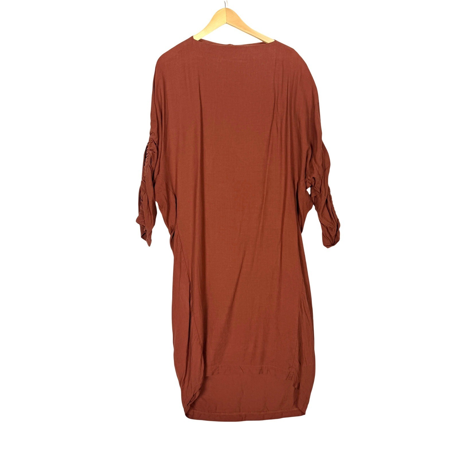Black Crane Rust Linen Bud Ruched Sleeve Oversized Midi Dress Womens S Lagenlook