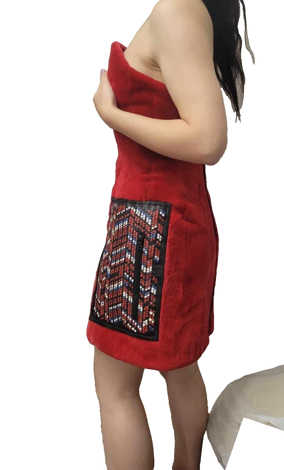 Vintage Red Shearling Fur Strapless Mini Dress w/ Beaded Leather Pocket Size M