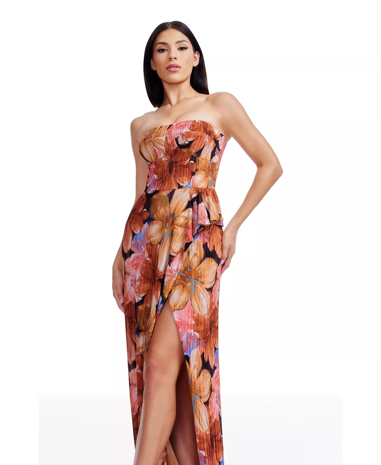 Dress the Population Strapless Fitted Gown XL Pleated Floral Kai Bodycon NWT