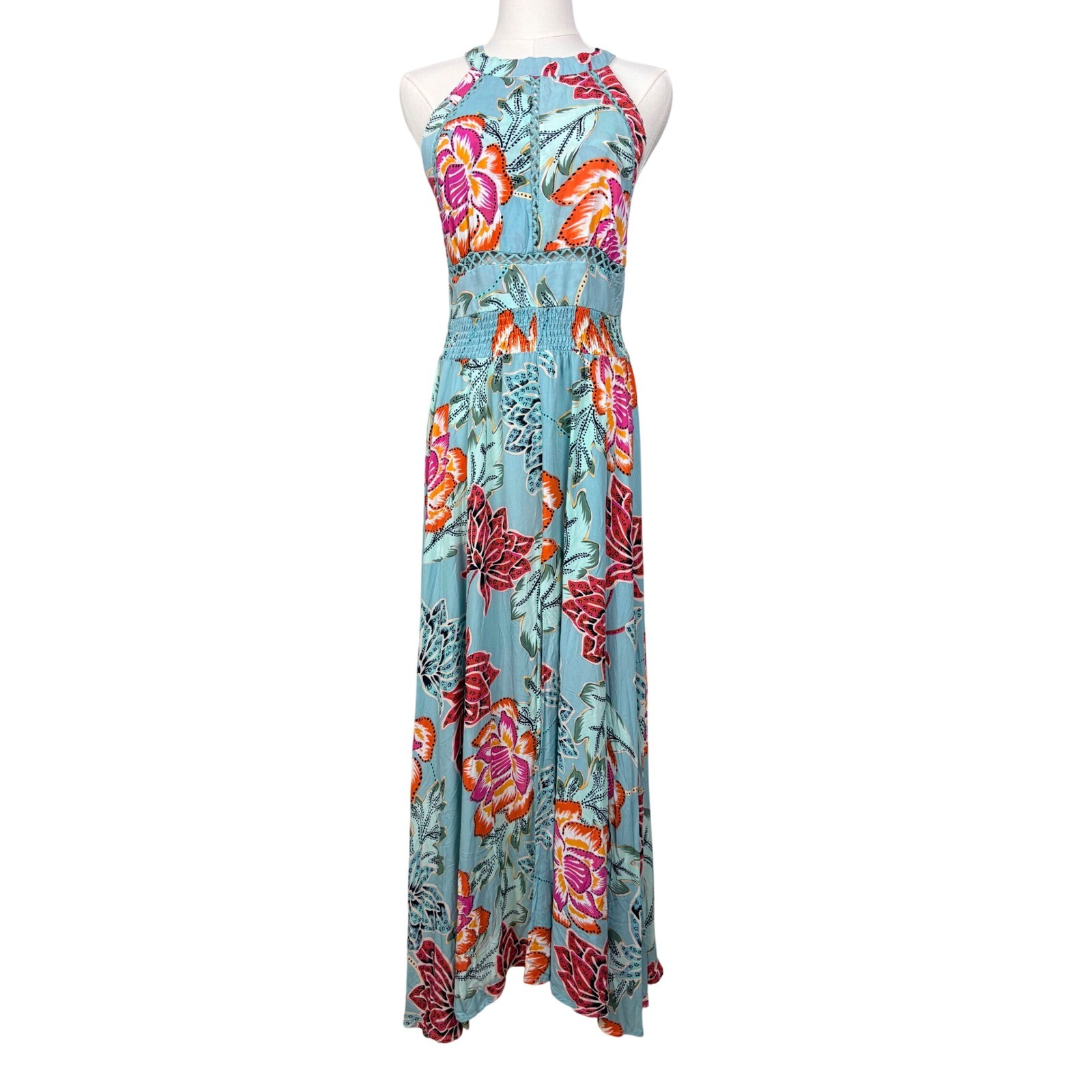 Jaase Blue Floral Tropical Halter Large Maxi Dress Smocked Resortwear Beachy