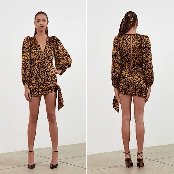 Ronny Kobo Giorgia Leopard Print Puff-Shoulder Faux Wrap Dress XS
