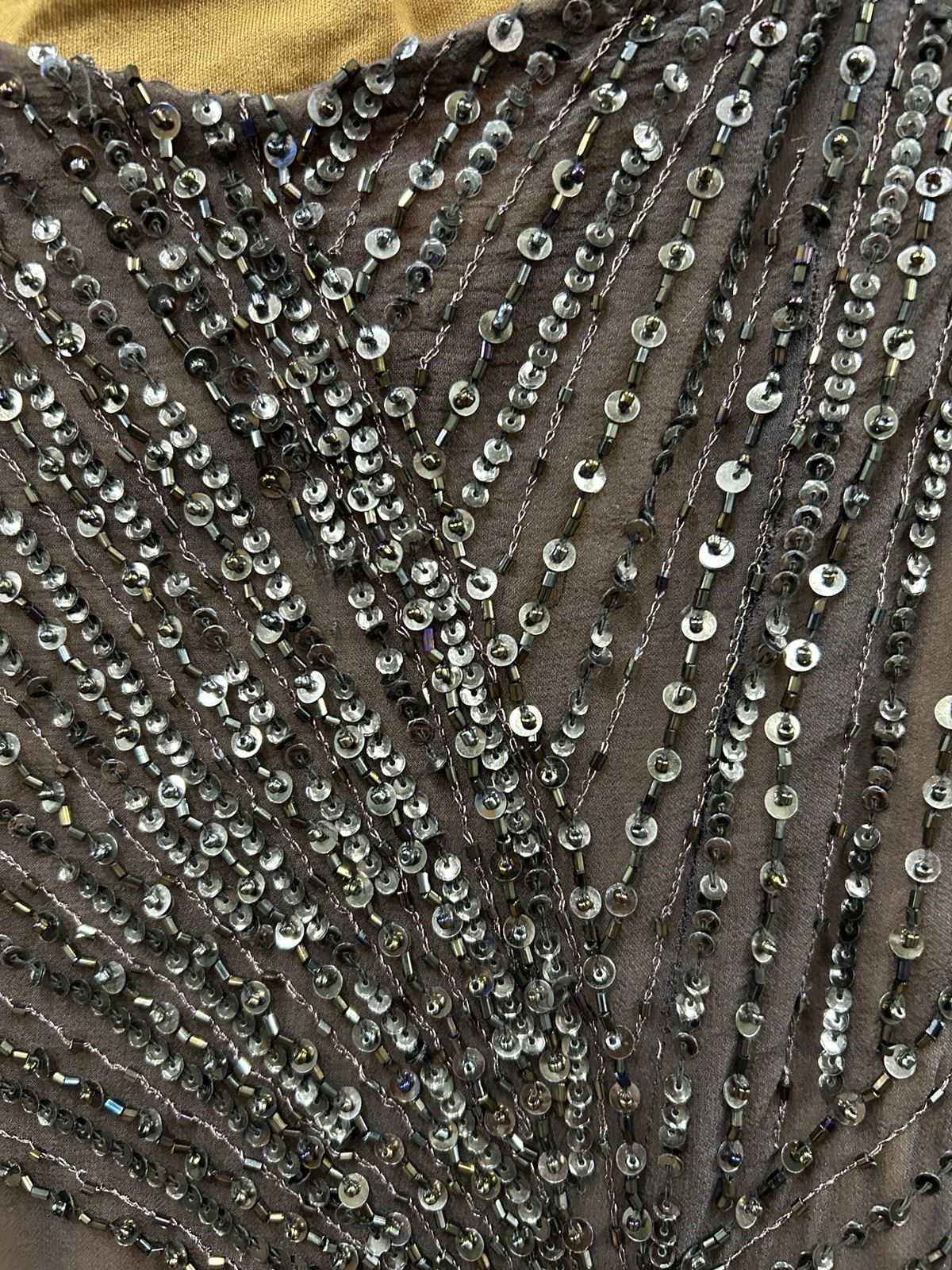 VTG Cassandra Stone 100% Silk Beaded Sequin Halter Brown Dress 4 Ruffle Fairy