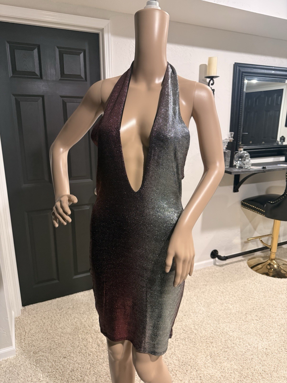 Tresser Metallic Colorblock Halter Backless Bodycon Knee Dress Silver Purple S