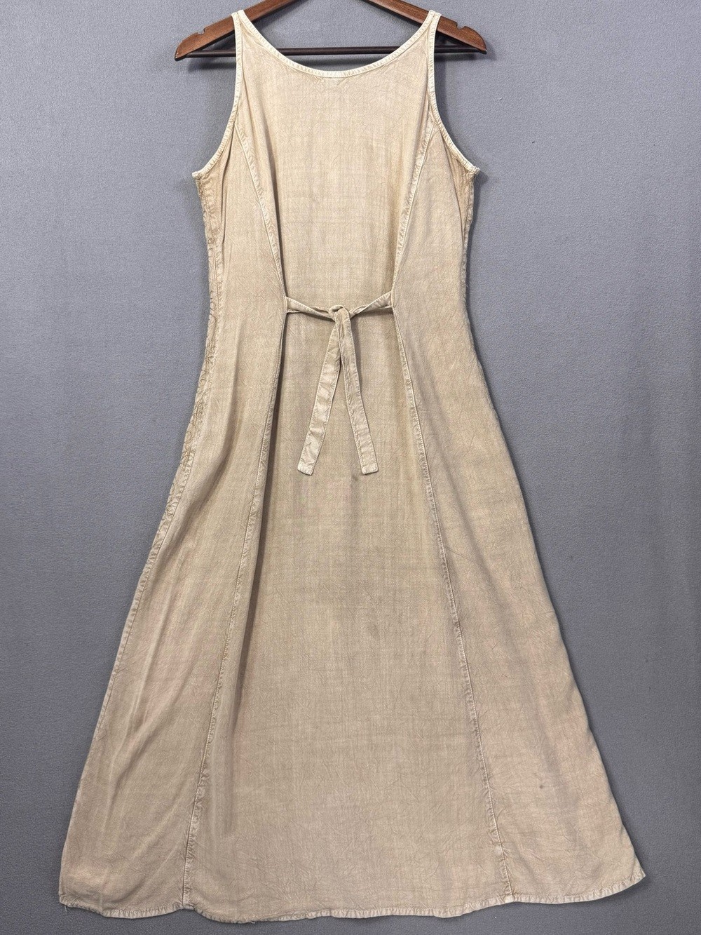 Vintage 90’s Embroidered Button-Front Tie-Back Midi Dress, Sand, Red and Green