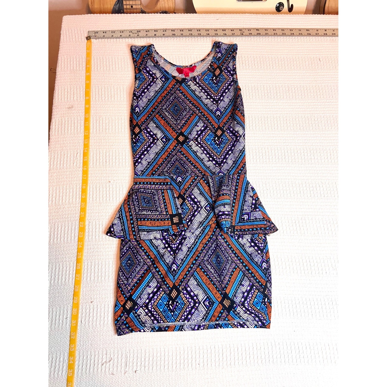 1st Kiss Blue Geometric Tribal Print Peplum Sleeveless Mini Dress Womens Medium