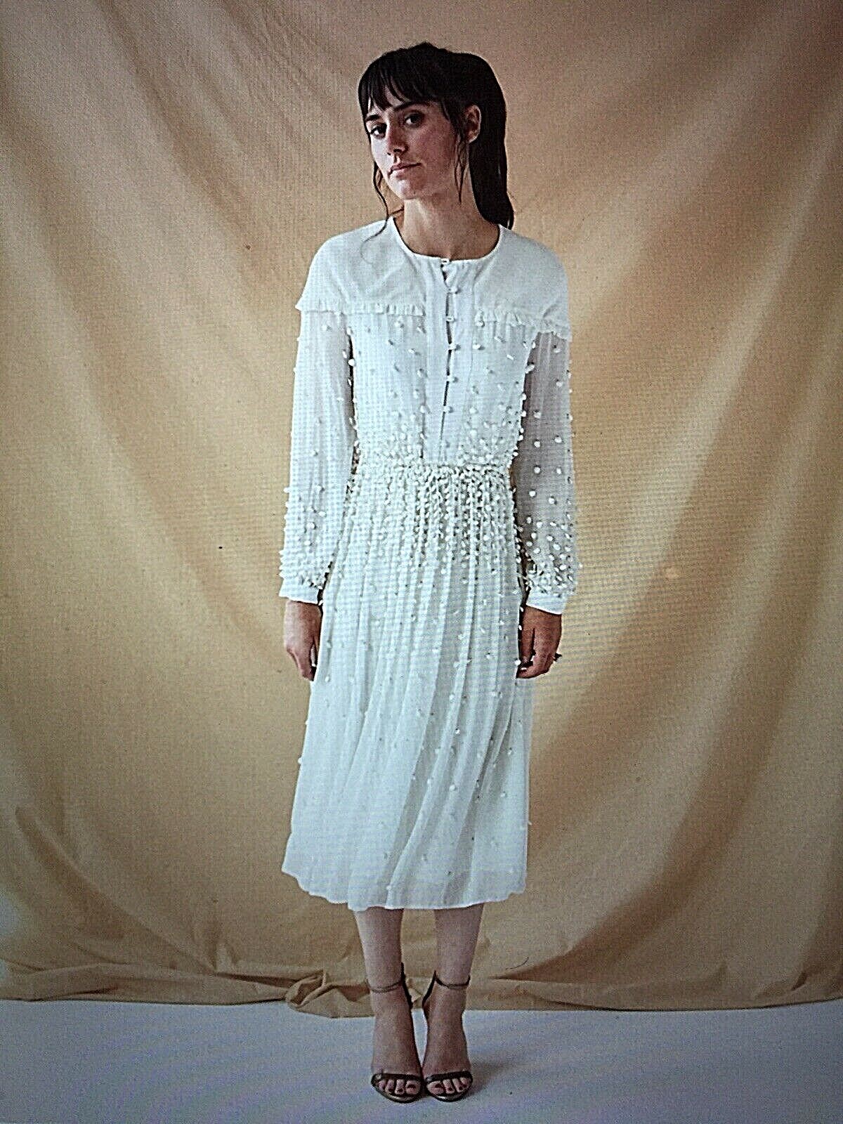 INTROPIA Portugal Anthropologie Hand Embroidered White Gold Bead Dress NWT 44 12