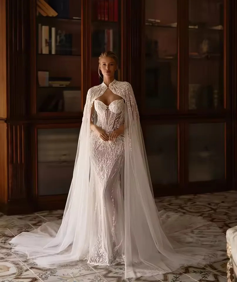 Lace Mermaid Wedding Dress Rhinestone Tulle Cape Long Train Luxury Bridal Gown