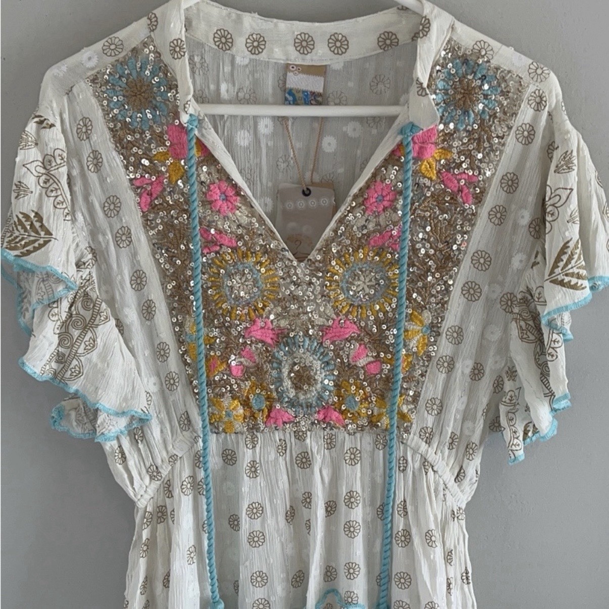Siya Women’s OS Cream Embroidered Sequin Mini Boho Peasant Dress Festival NWT