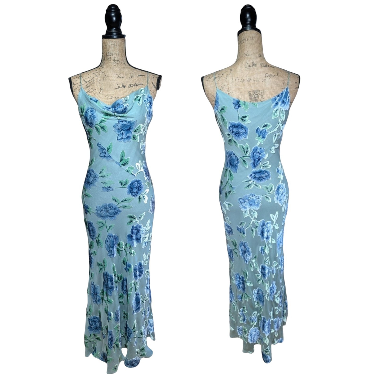 Vintage 90s Monsoon Long Bias Cut Burn Out Floral Slip Dress UK 10/12 (US 8)