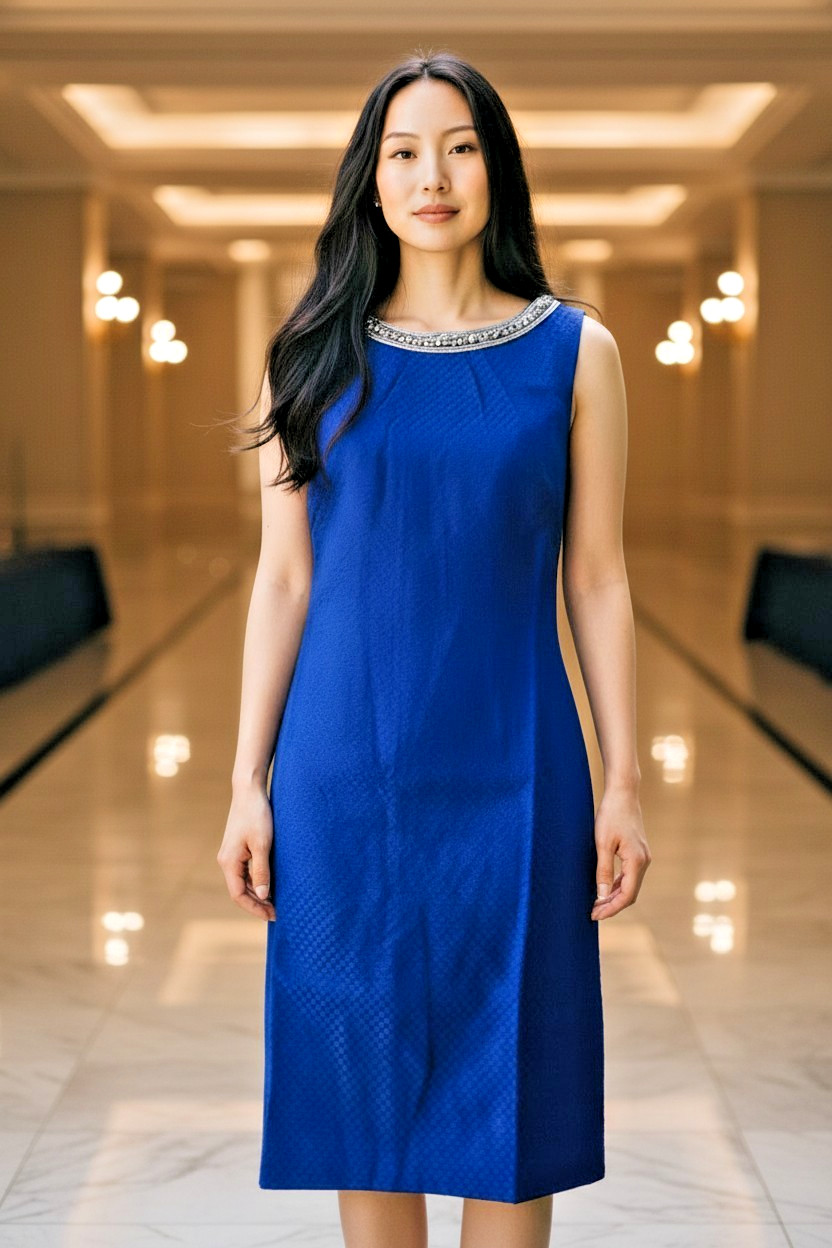 Monsoon Royal Blue Shift Dress UK 10 Beaded Neck Cobalt Wedding Guest Cocktail