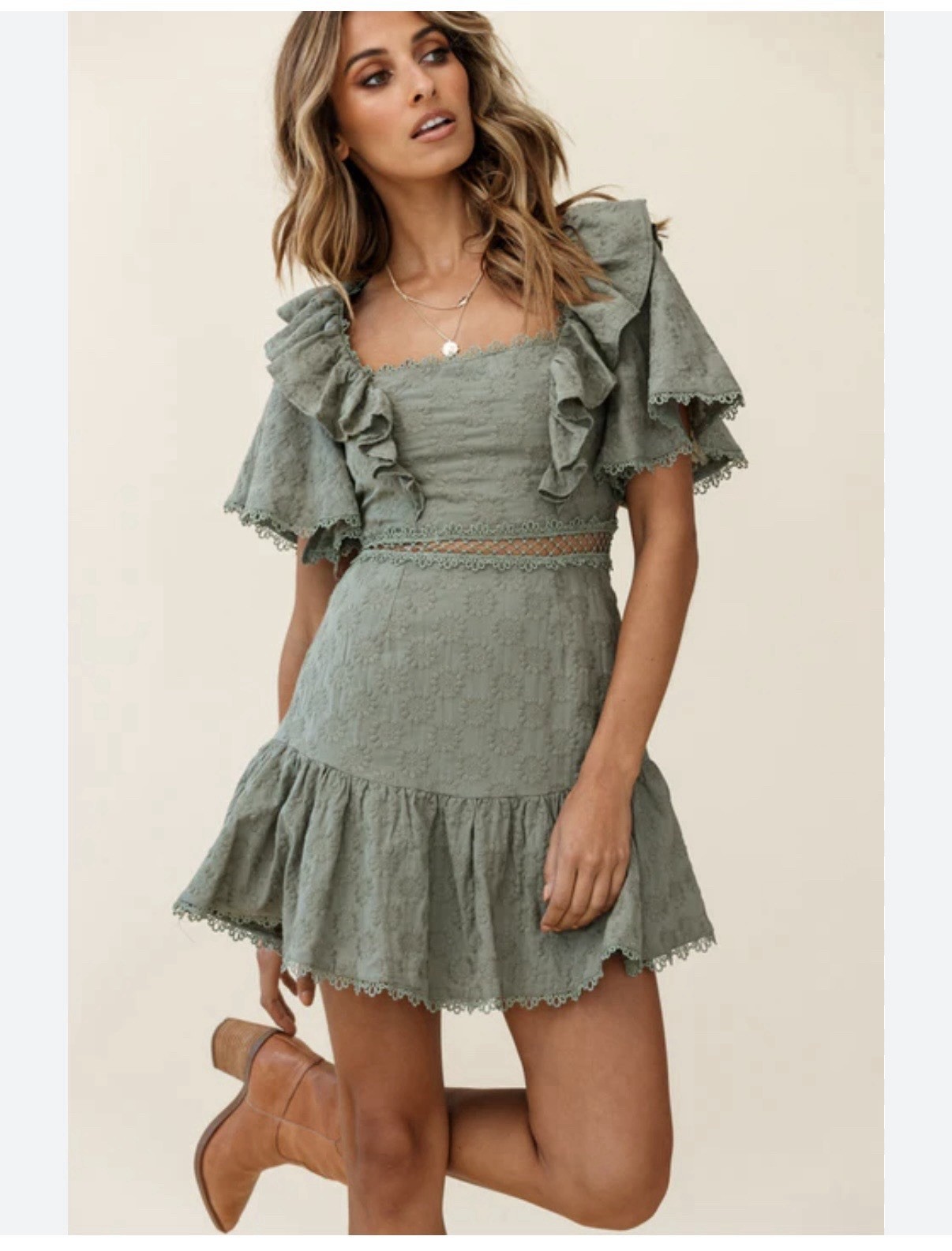 Saints + Secrets Green Ruffle Lace Mini Dress Open Back Tie Square Neck Size S