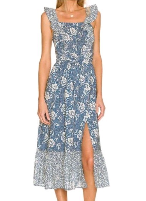 PAIGE Poppy Flutter Sleeve Blue Floral Midi Dress Ruffle Tie Waist Coastal Sz S