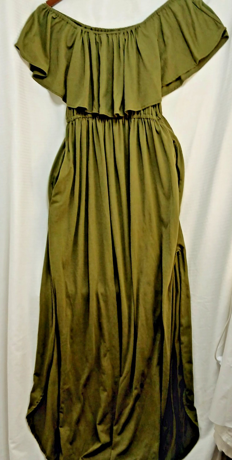 Thanth Womens Maxi Dress L Dark Green Ruffle Chest Pockets Boho Side Slit Summer