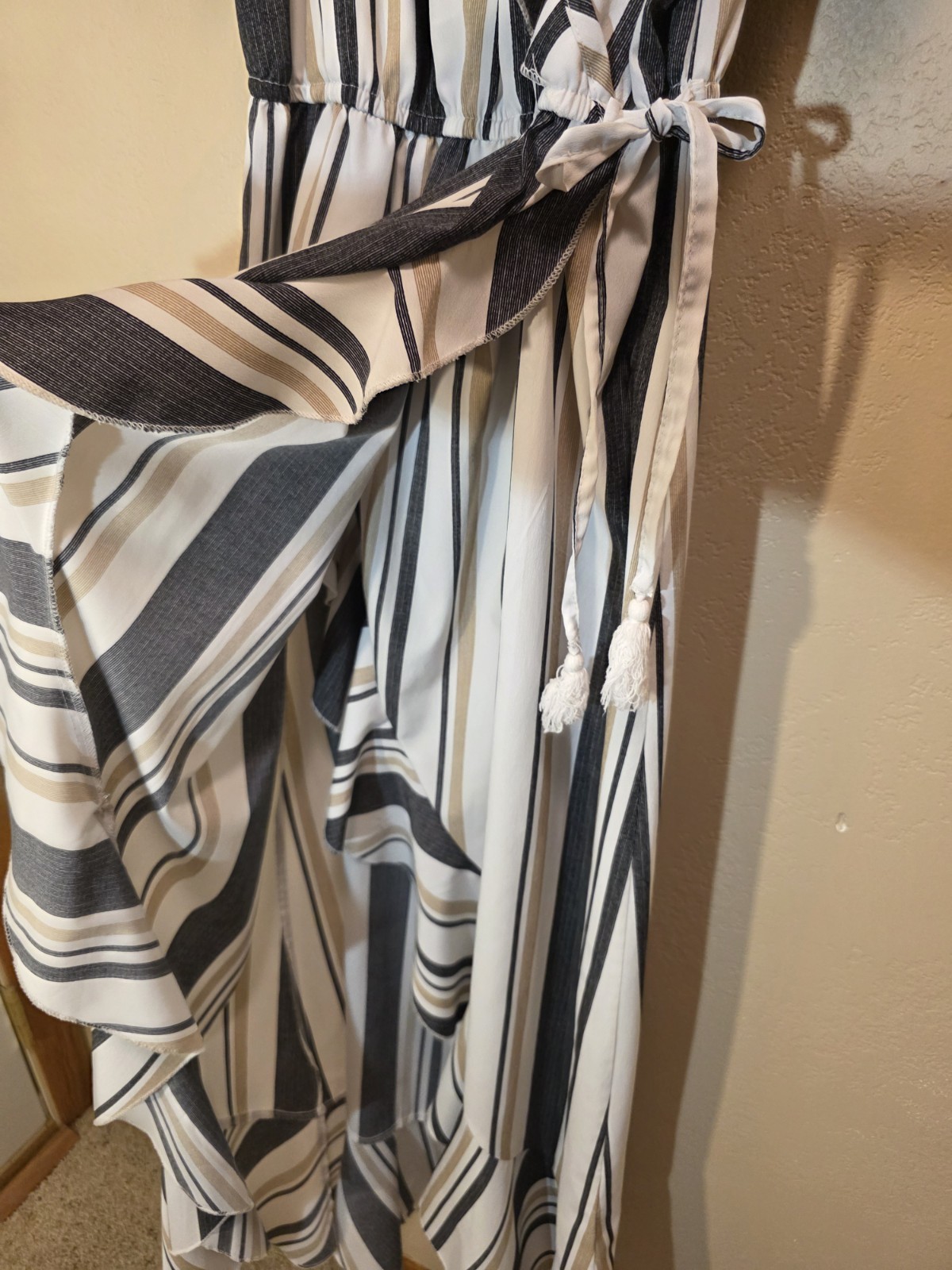 Hint of Blush Striped Ruffle Maxi Wrap Dress Size M White Black Beige V-Neck