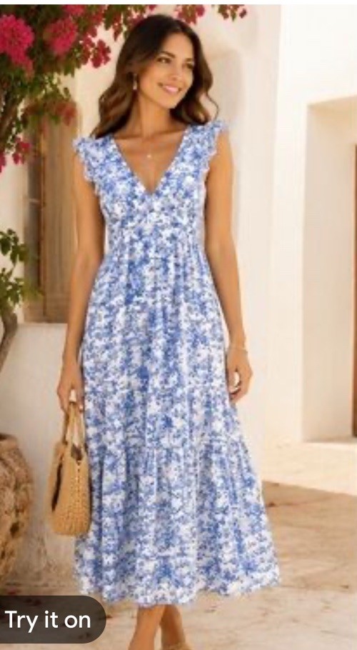 Olivia Grey Blue & White Floral Midi Dress, V-Neck, Open Back Tie, M