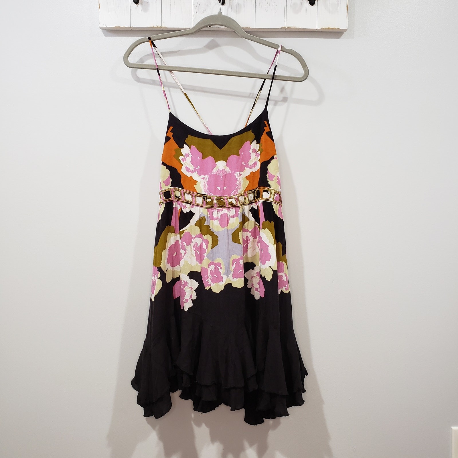 Free People Intimately Sweet Lucy Floral Slip Mini Dress Black Pink M