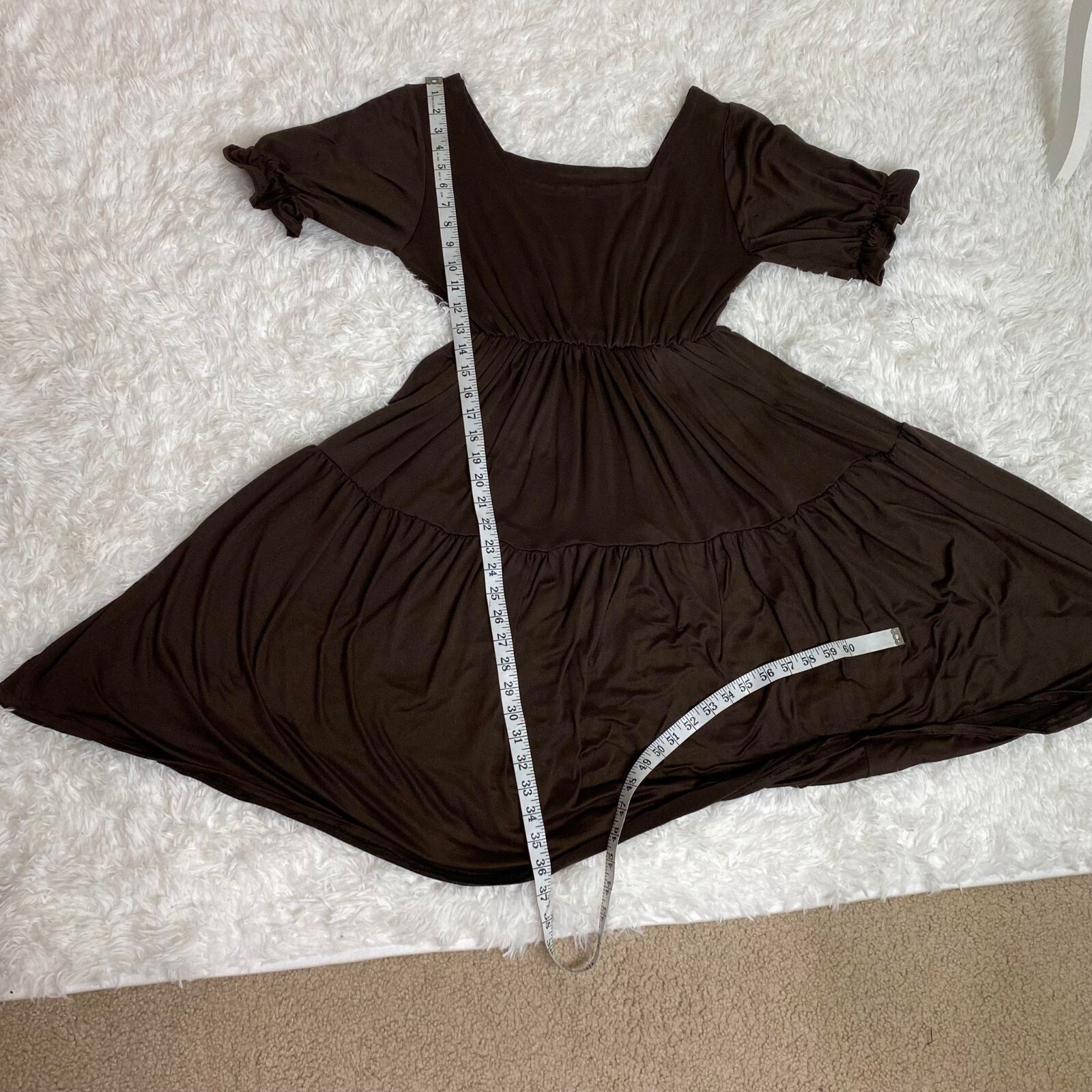 Puff Sleeve Square Neck Long Dress for Women, Fits Small to Medium,Brown