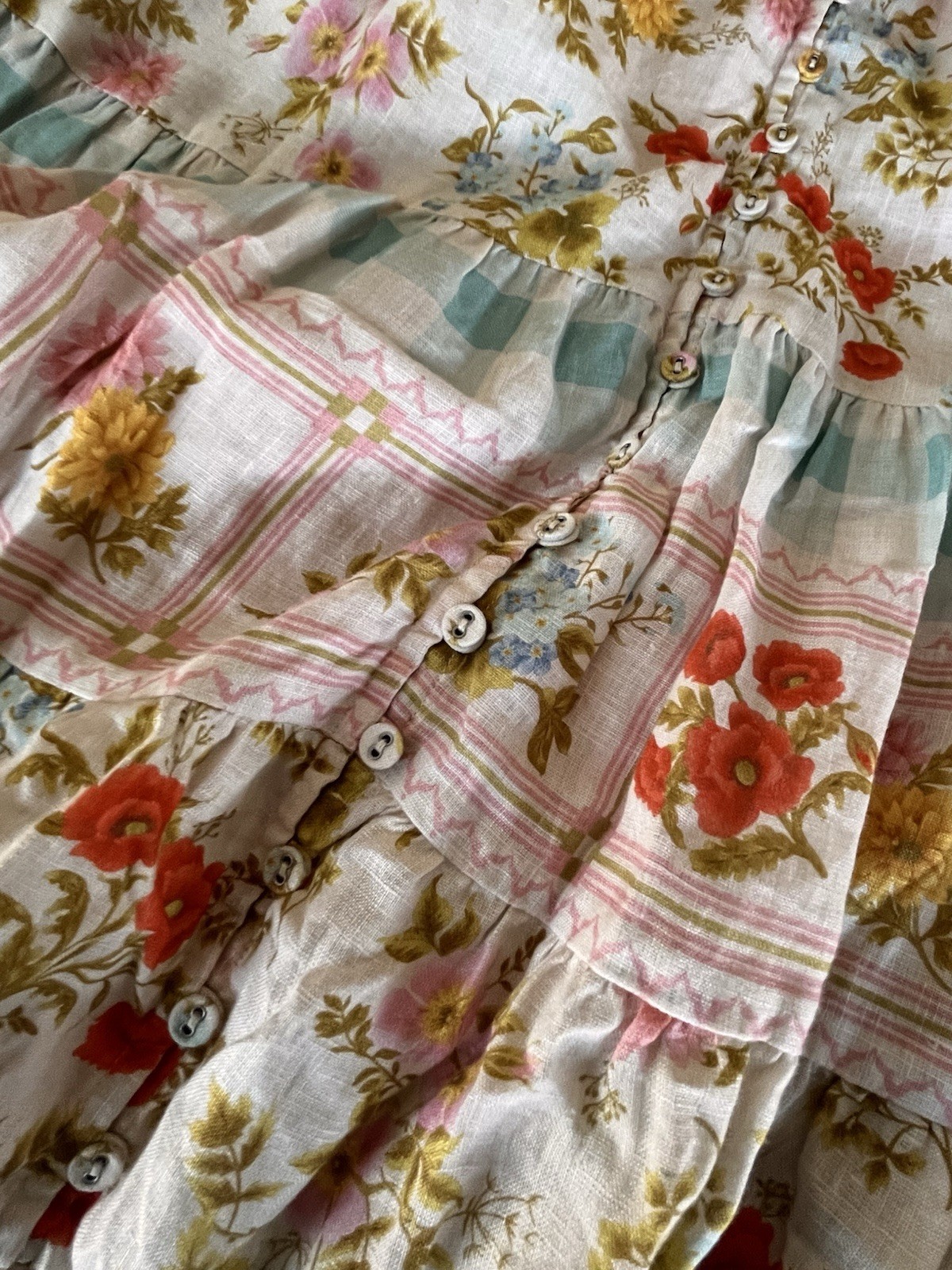 SPELL Linen Tiered Midi Dress – Patchwork Floral Button Down – Boho Cottagecore