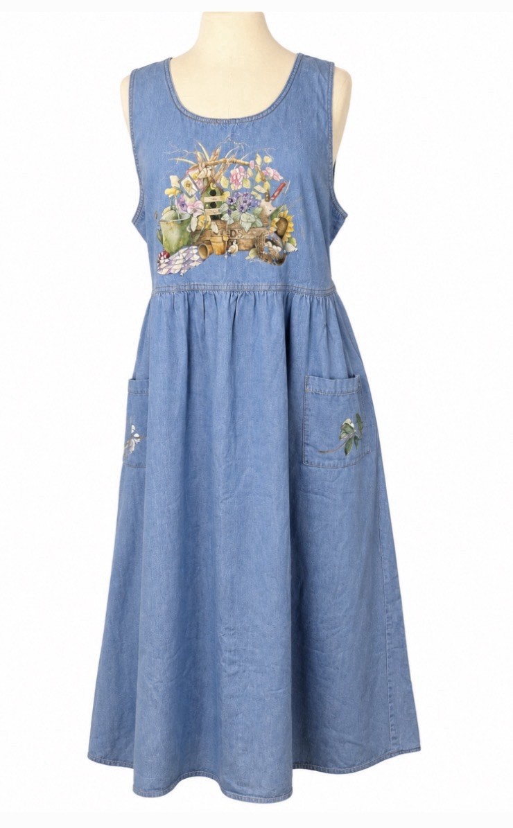 Vintage Cottagecore Denim Garden Dress Floral Bird Jumper Pockets Tie Back