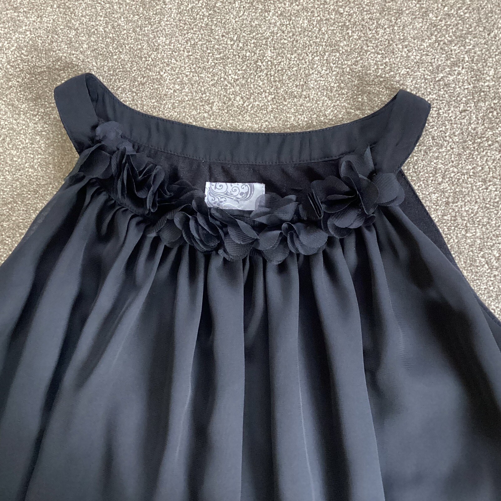 Flame black floaty dress tunic long top with stitched on ruffle flowers size 12