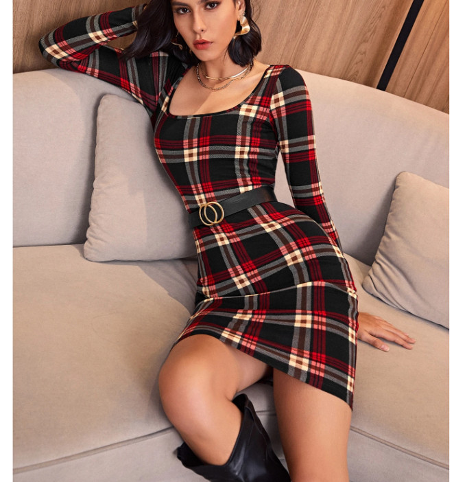 SHEIN Essnce Scoop Neck Tartan Dress Without Belt