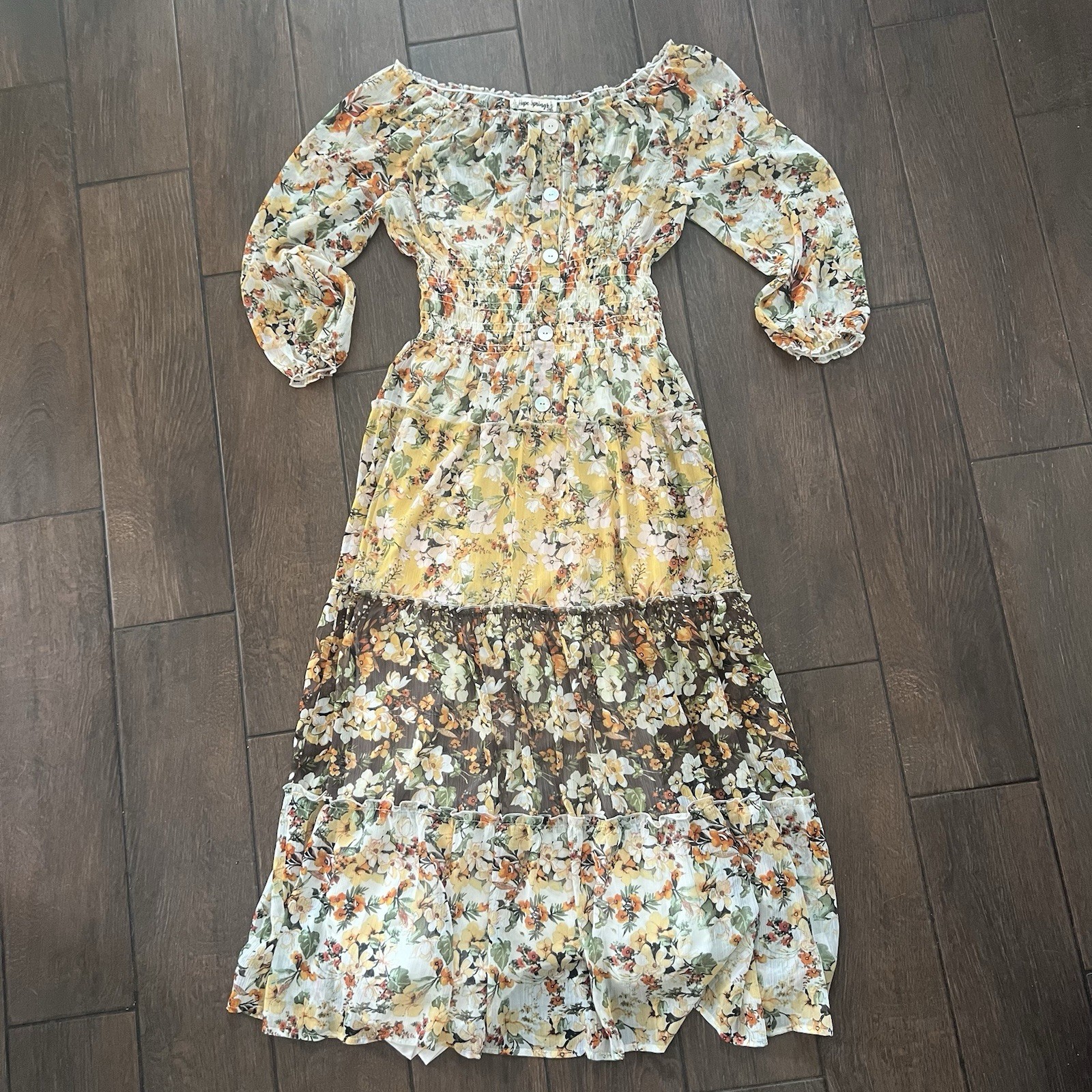 Hope Springs Womens Multicolor Boho Tiered Floral Maxi Dress Sz M Flowy Peasant