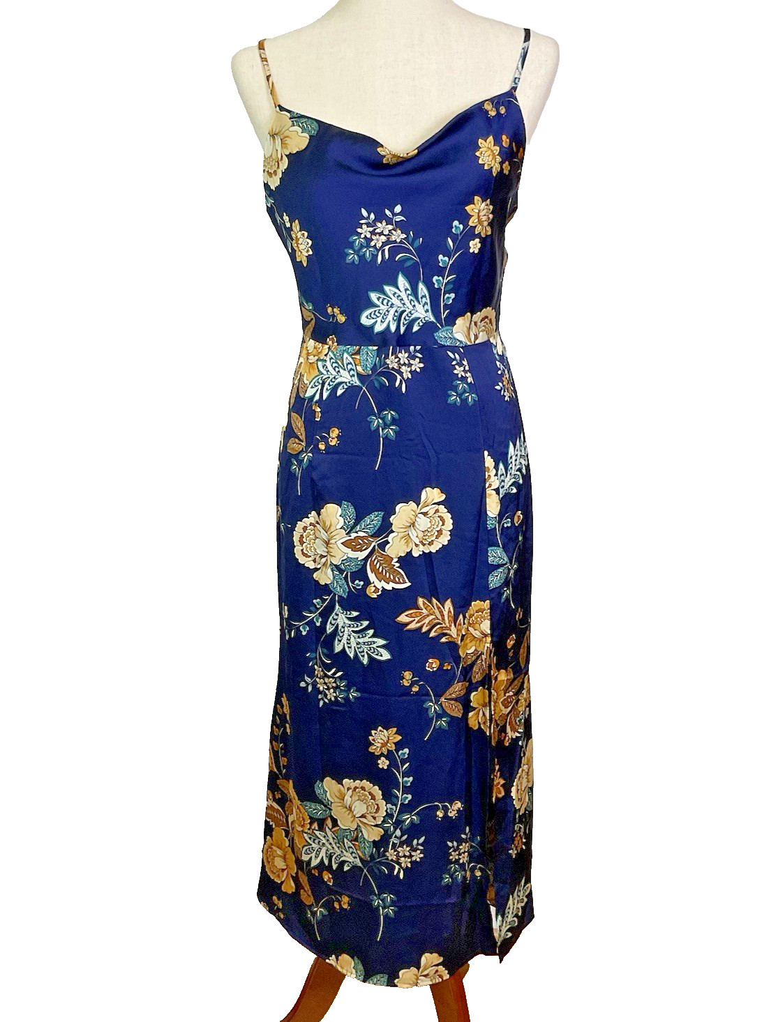 NWT Blue Floral Satin Cocktail Dress SZ Medium Evening Midi Dress W/ Side Slit