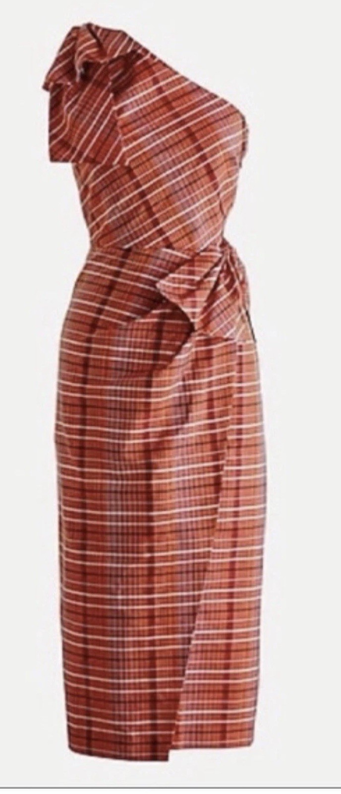 NWT J. Crew Rust Plaid One Shoulder Silk Blend Bow Detail Dress Sz 10 Easter