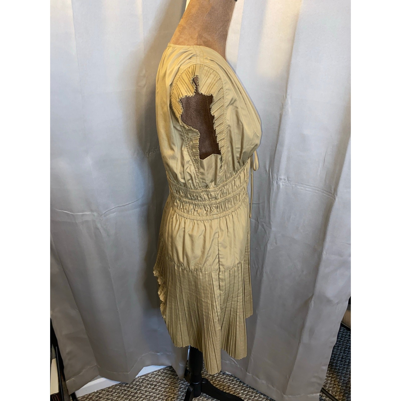 Current Air Los Angeles Anthropologie Dress S Tan Pleated Flutter Sleeve Smocked
