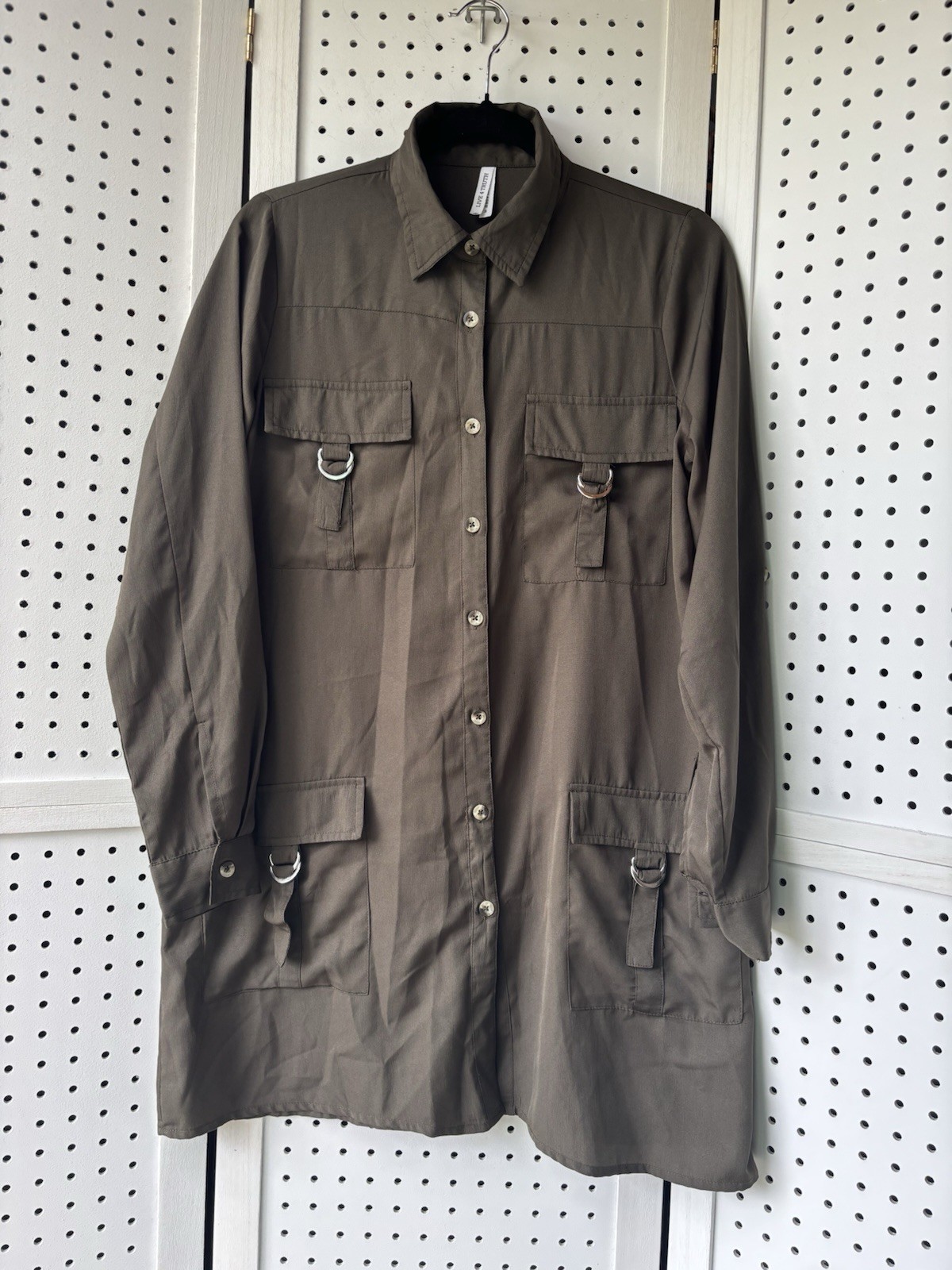 Live 4 Truth Button Down Tunic Dress Buckle Pockets Long SLV Green Women’s S