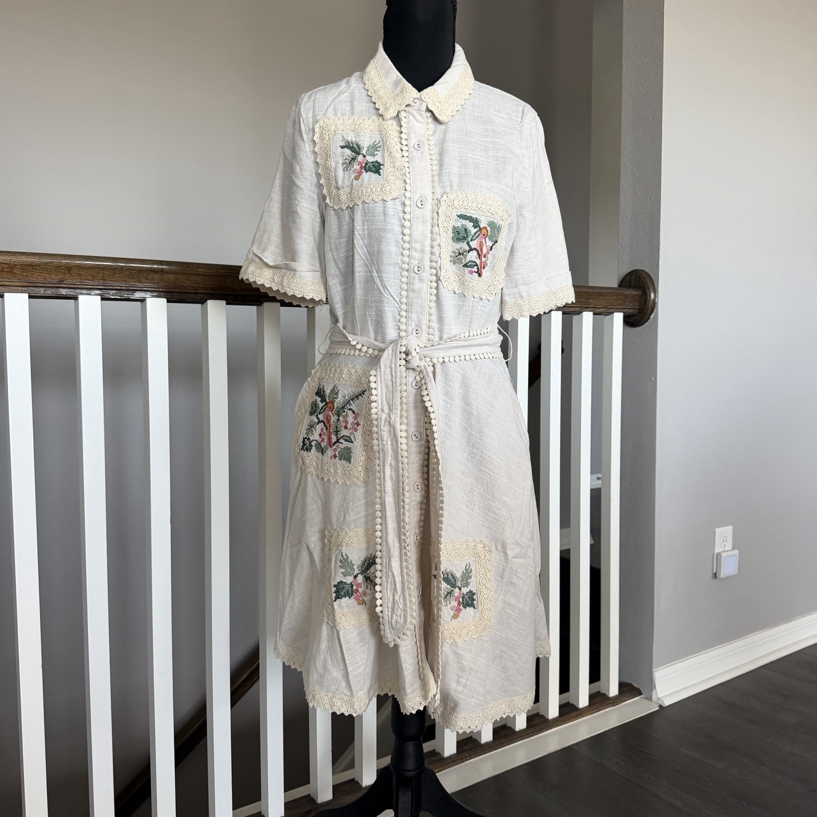 Calypso St Barth NWT Linen Blend Crochet Belted Shirt Dress Bird Resort Luxury