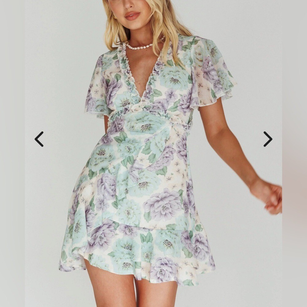 Saints + Secrets Floral Ruffle Open Back Mini Dress – S