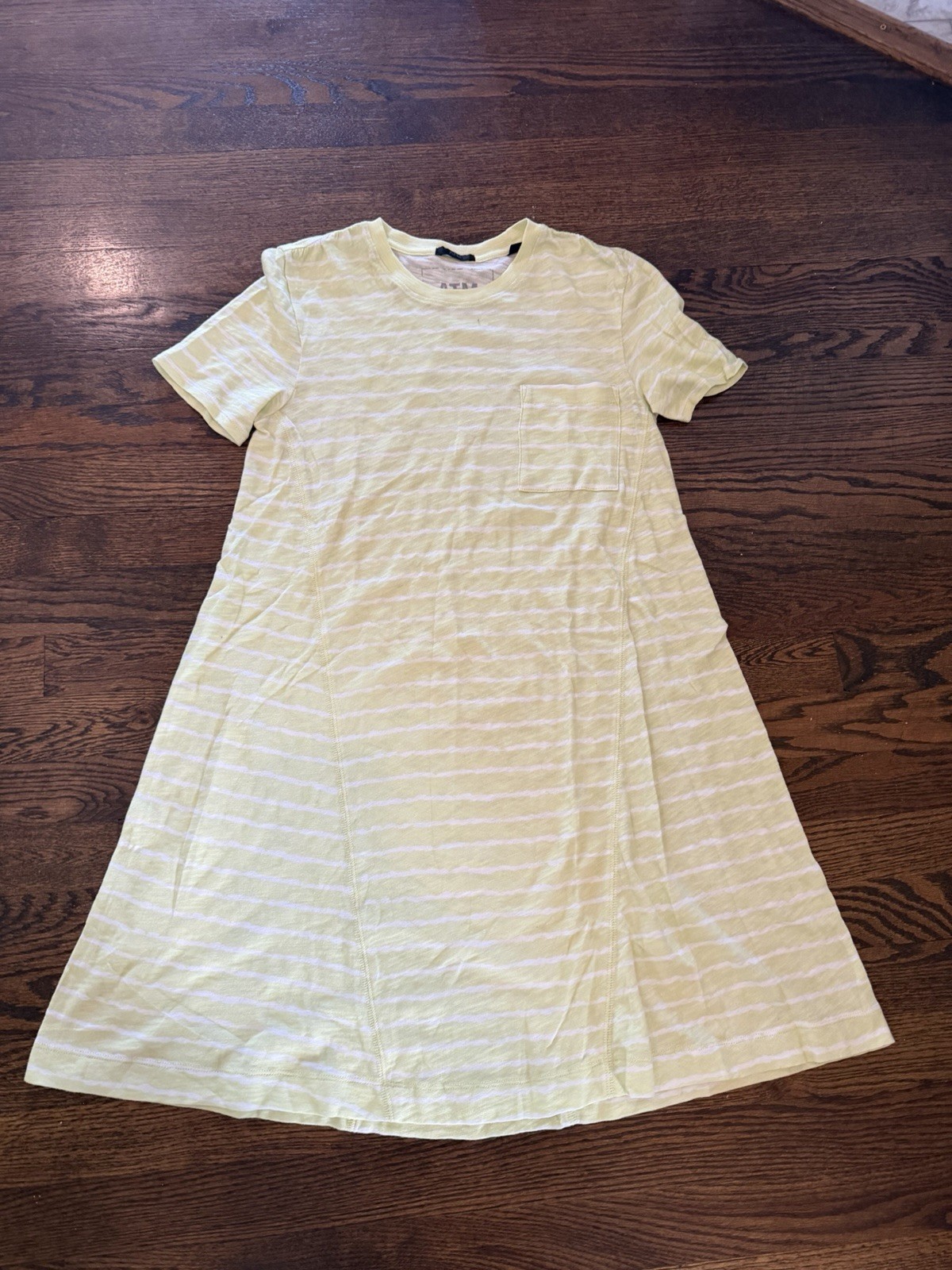 ATM Yellow Green White Striped Short Sleeve Midi T-Shirt Dress Crew Neck S/P