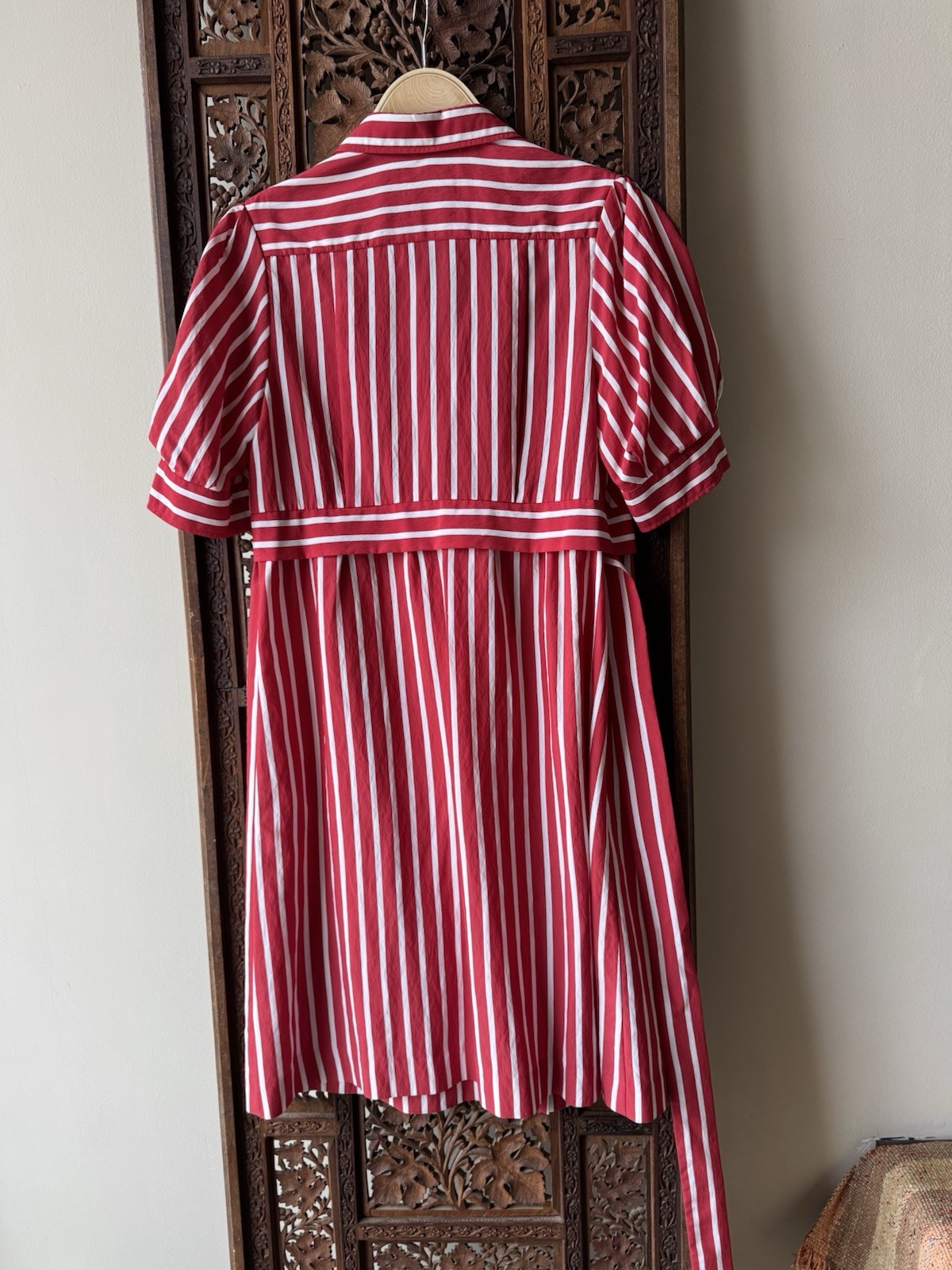 Sandro Paris Red White Striped Wrap Midi Dress Short Sleeve Belted Sz 40 US 8 M