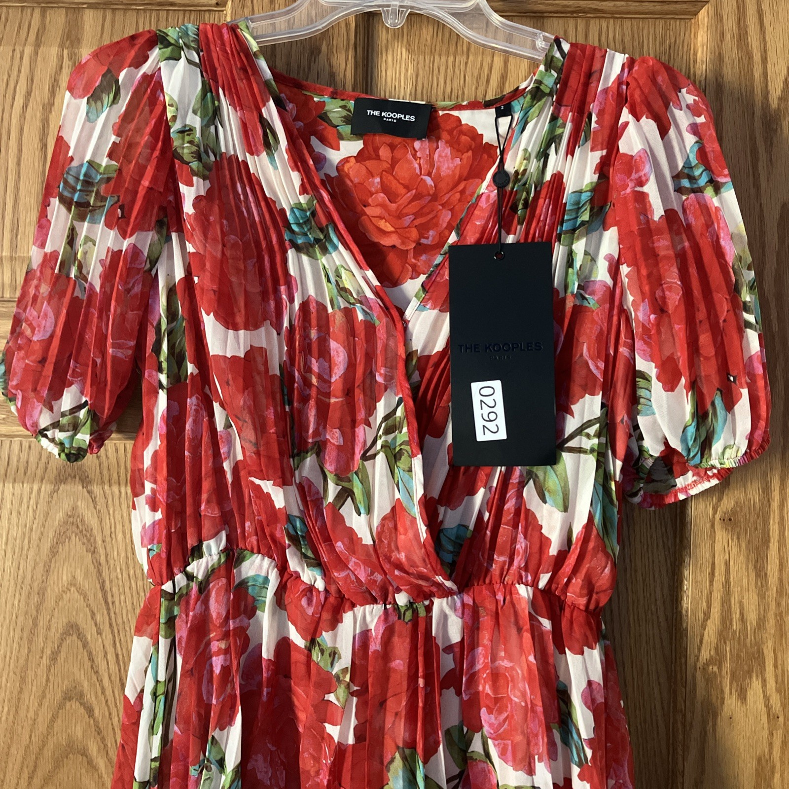 NWT The Kooples Red Floral Roses Pleated Midi Dress Handkerchief Hem Sz 2 PRETTY